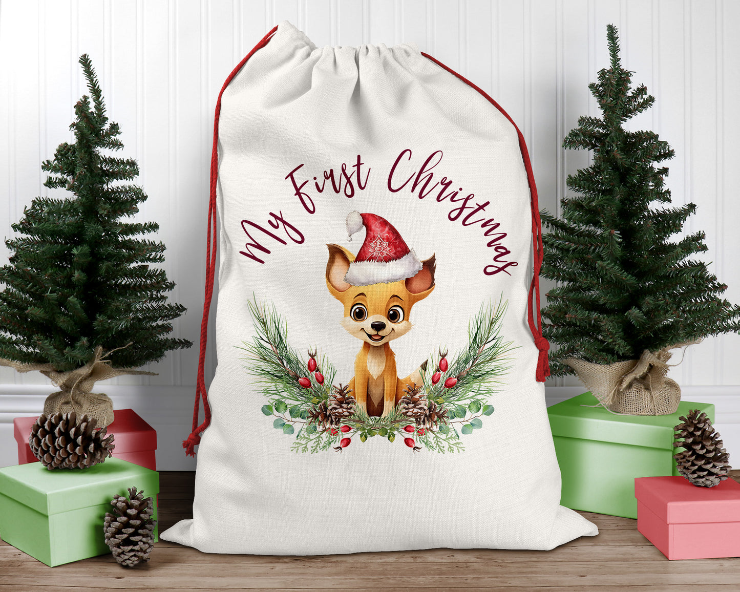 Personalised Santa Sack, Dingo, Poinsettia Leaves Linen Bag