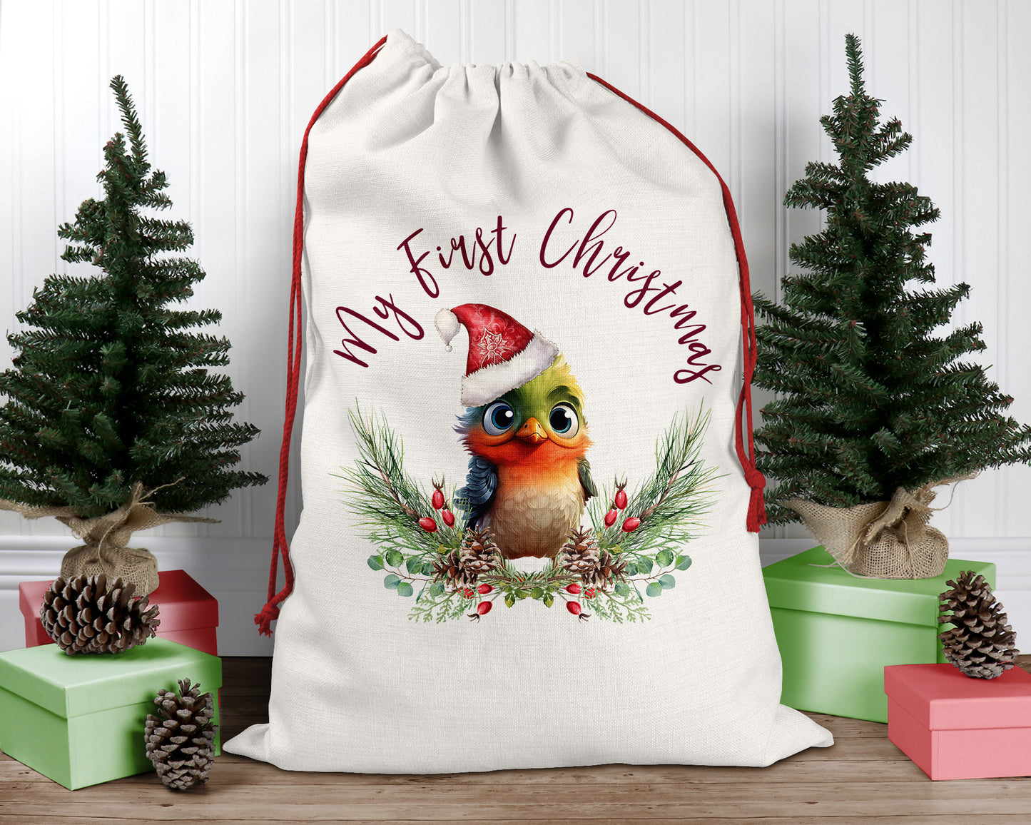 Personalised Santa Sack, Mistletoe, Poinsettia Leaves Linen Bag