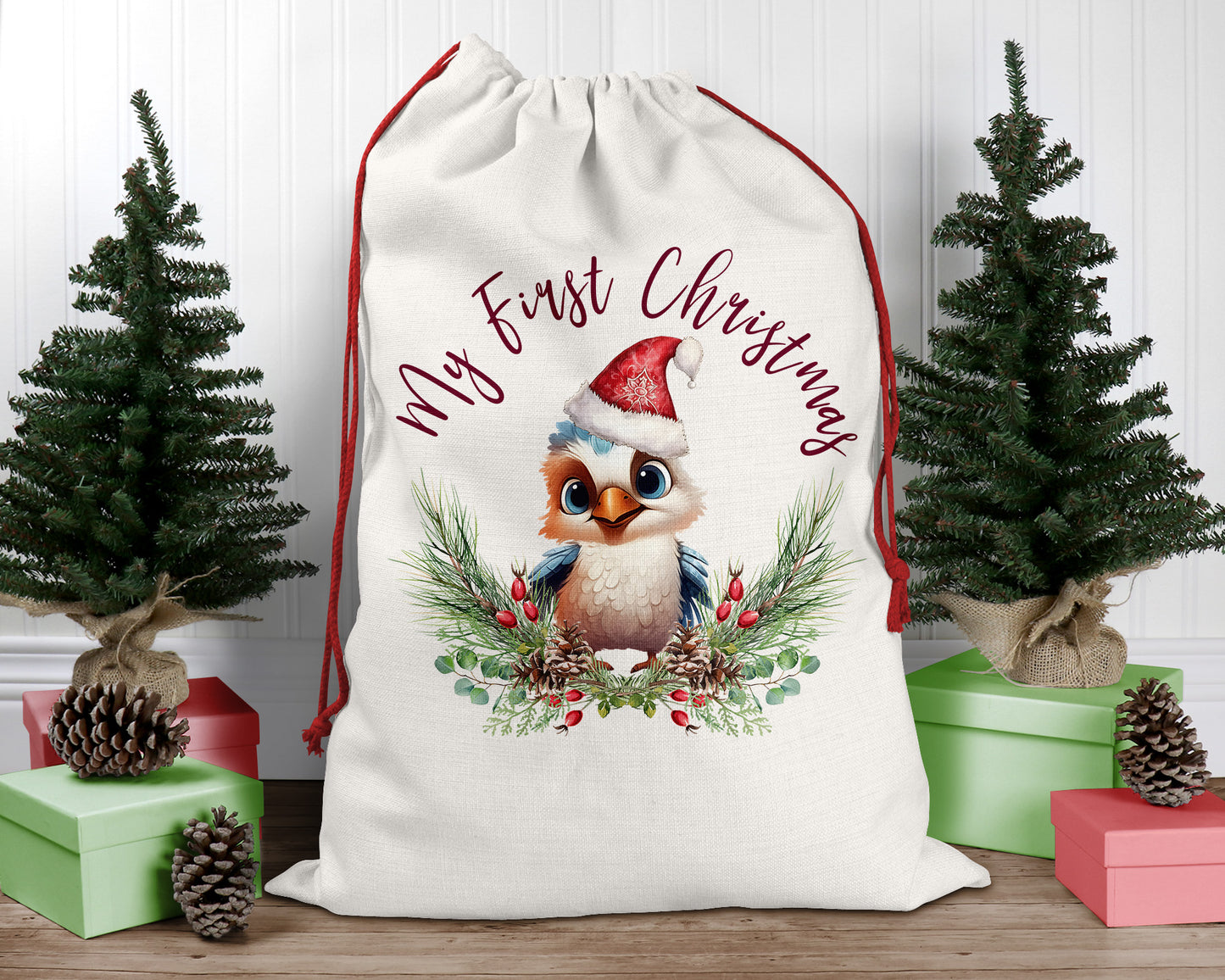 Personalised Santa Sack, Kookaburra, Poinsettia Leaves Linen Bag