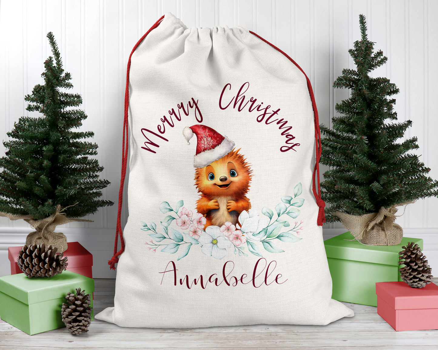 Personalised Santa Sack, Echidna, Eucalyptus Leaves Linen Bag