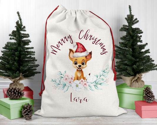 Personalised Santa Sack, Dingo, Eucalyptus Leaves Linen Bag