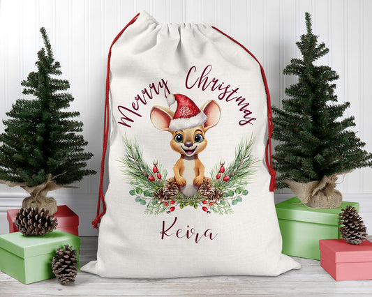 Personalised Santa Sack, Kangaroo, Poinsettia Leaves Linen Bag