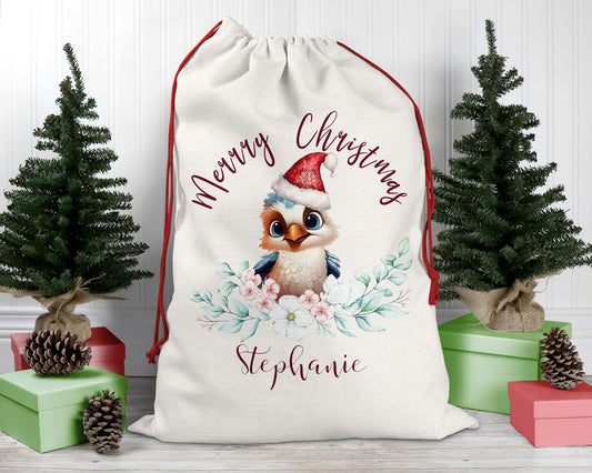 Personalised Santa Sack, Kookaburra Eucalyptus Leaves Linen Bag