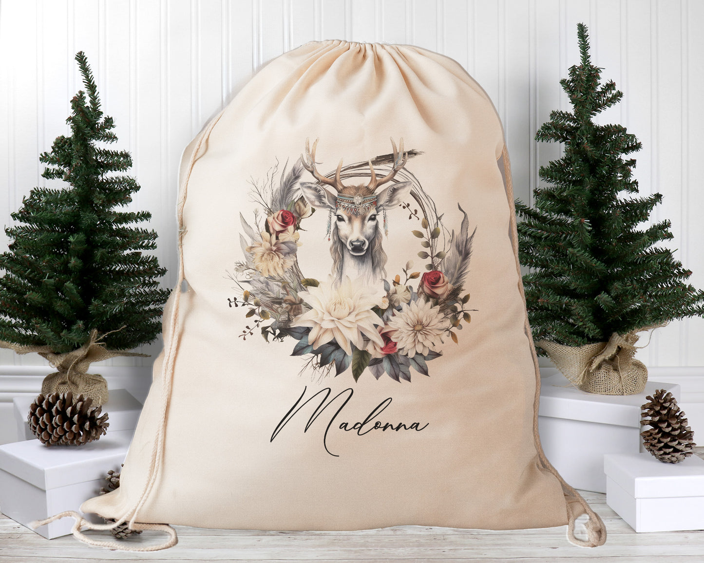 Personalised Santa Sack, Reindeer Wreath, Our Largest Size