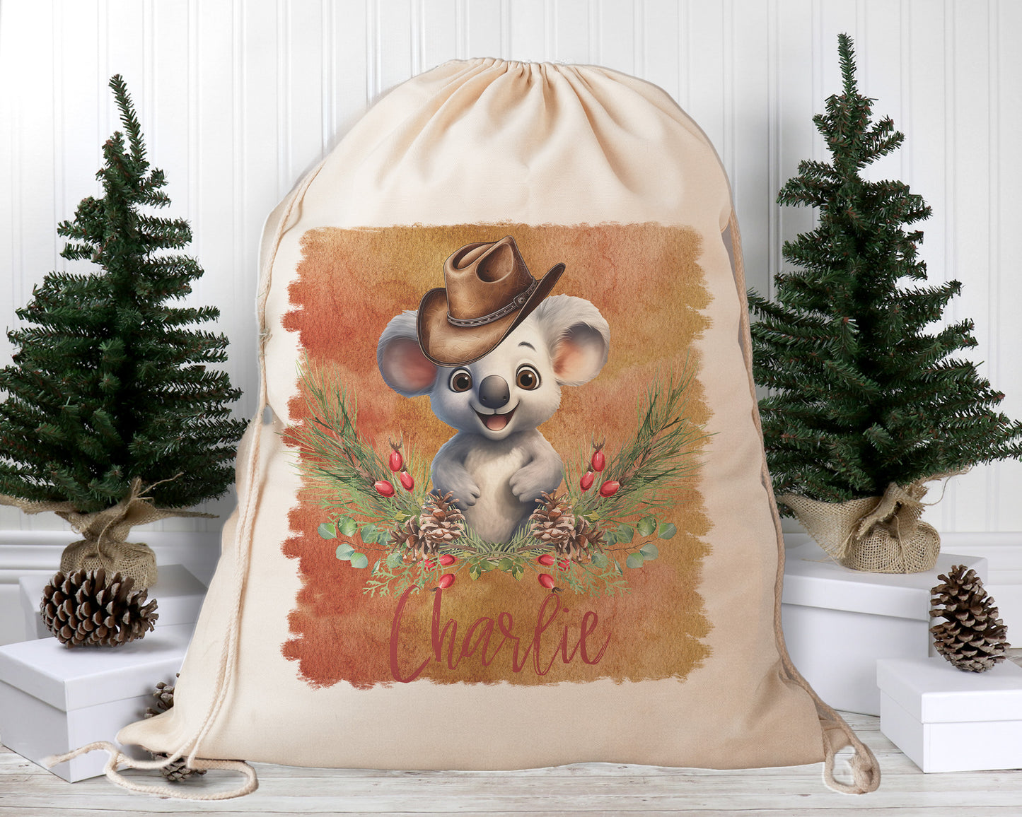 Personalised Santa Sack, Australian Animals Country Christmas, Our Largest Size, 60cm x 70cm