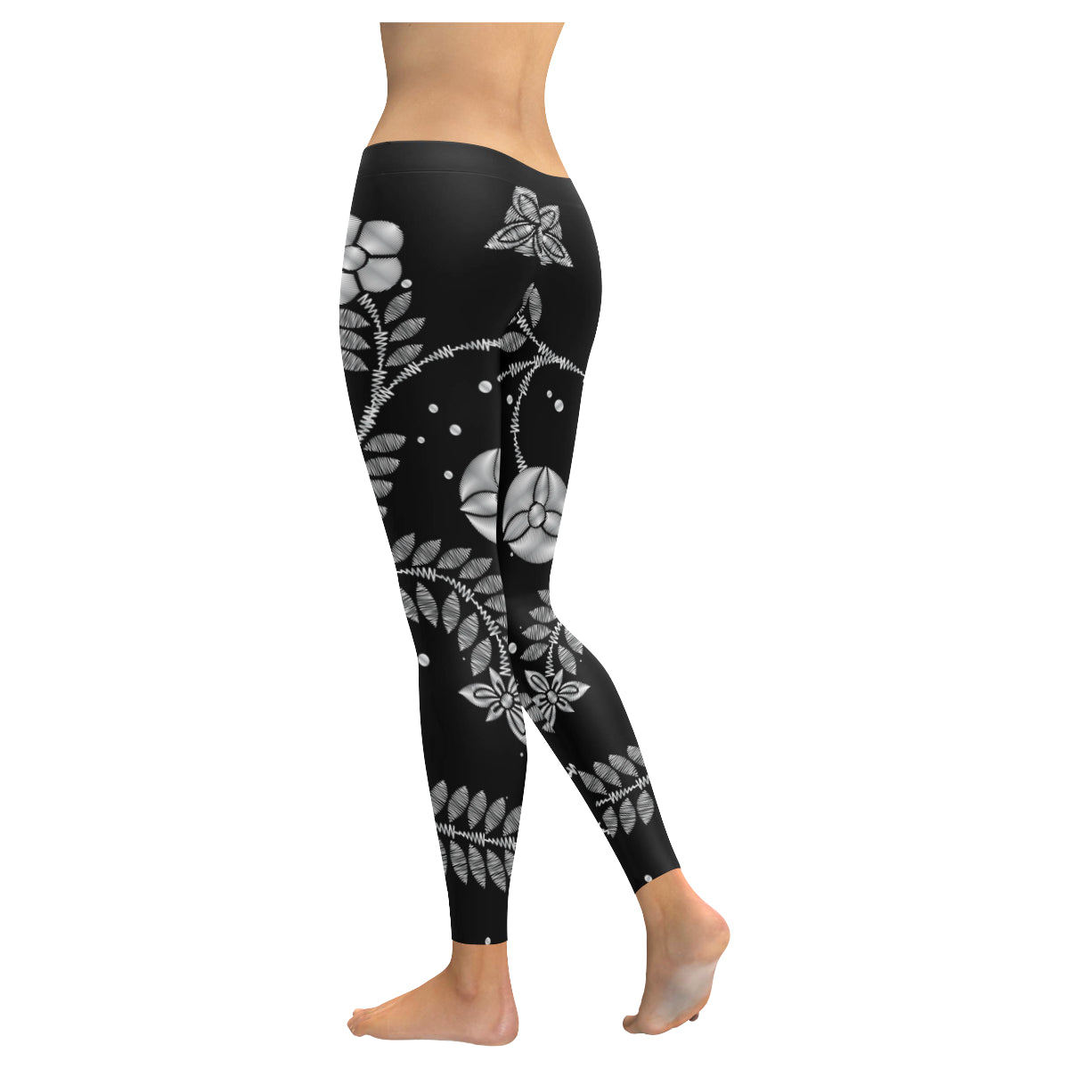 Black and white flower Women's Low Rise Leggings (Invisible Stitch)