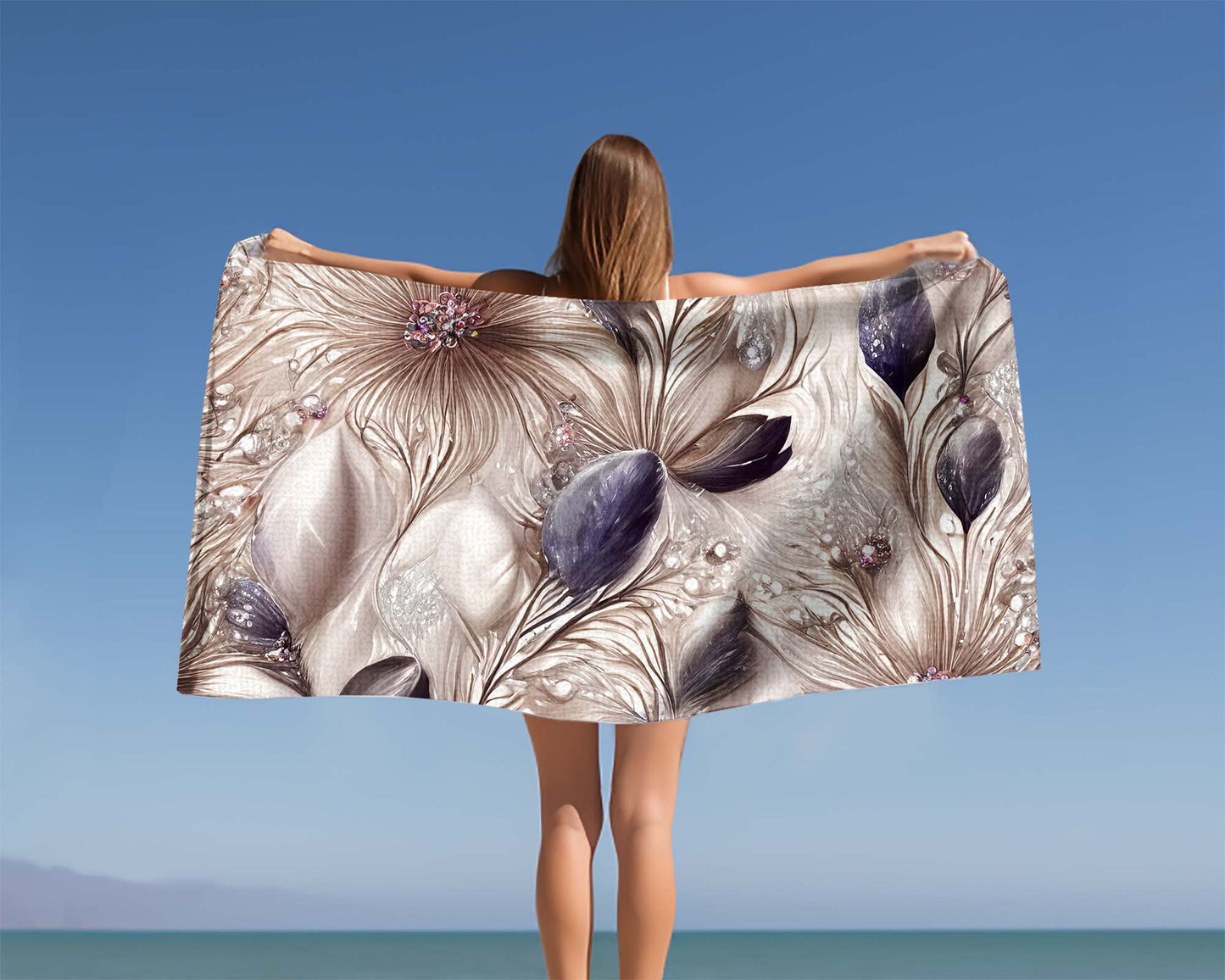 Beach Towel, Beige Floral, Polycotton Towel