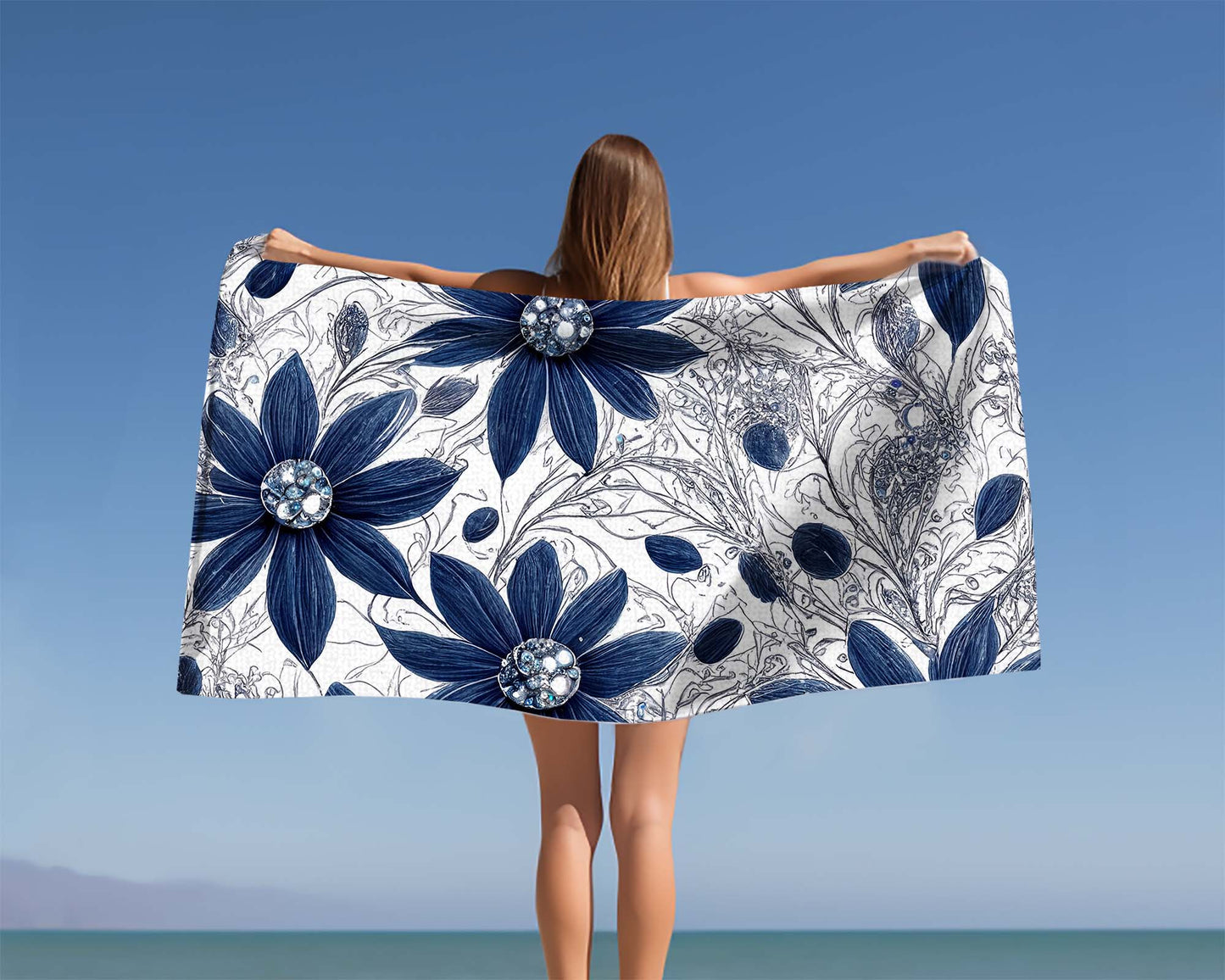 Beach Towel,  Navy Blue Floral, Polycotton Towel