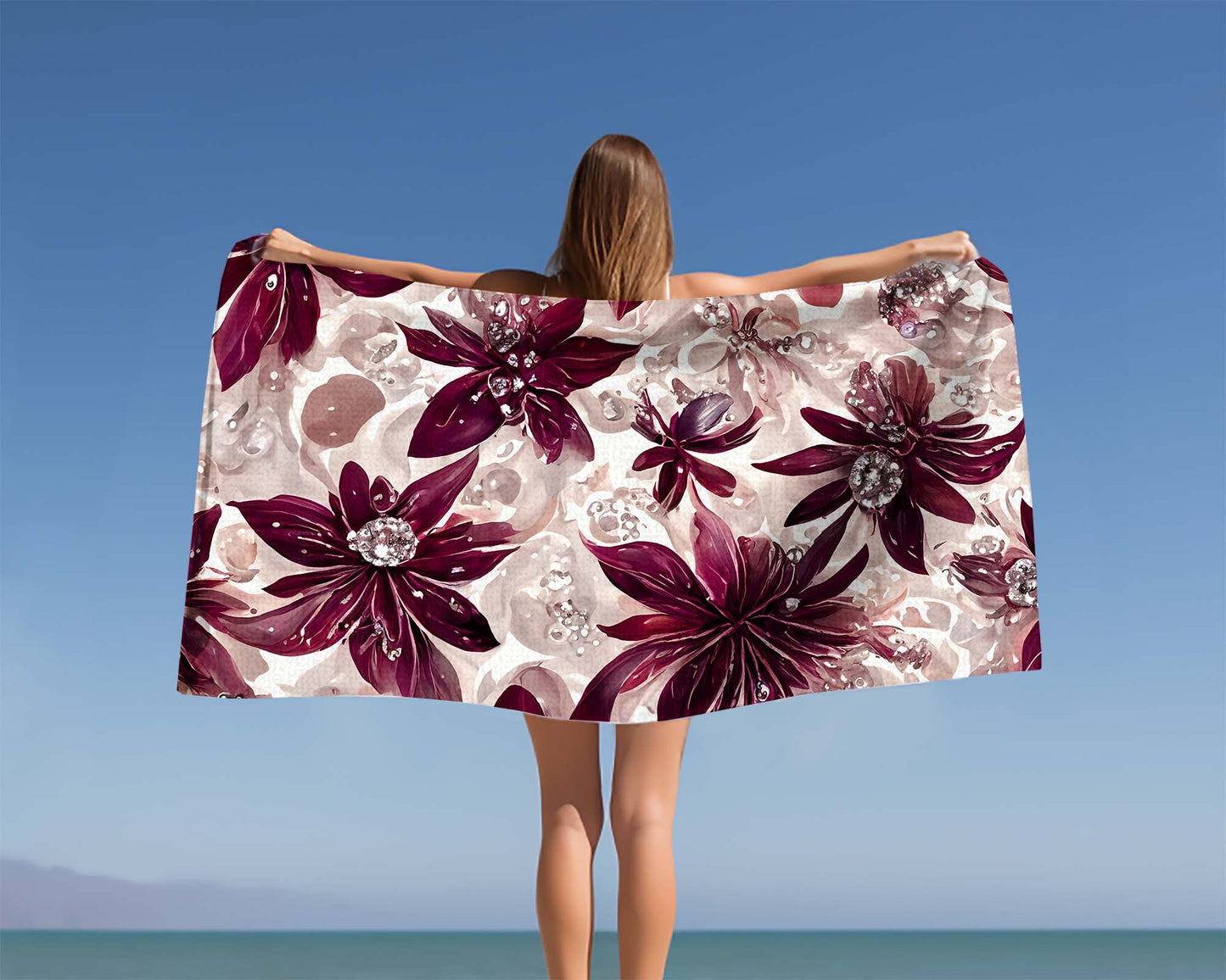 Beach Towel,  Burgandy Floral, Polycotton Towel