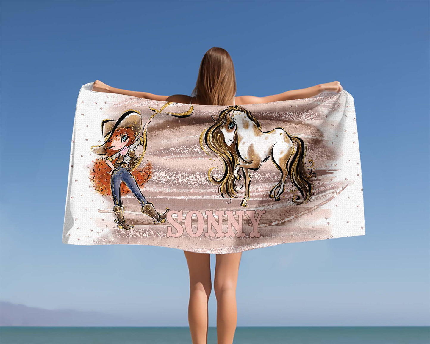 Personalised Beach Towel, Cowgirl and Horse, Red Curly Hair, Blue Eyes, Polycotton Towel