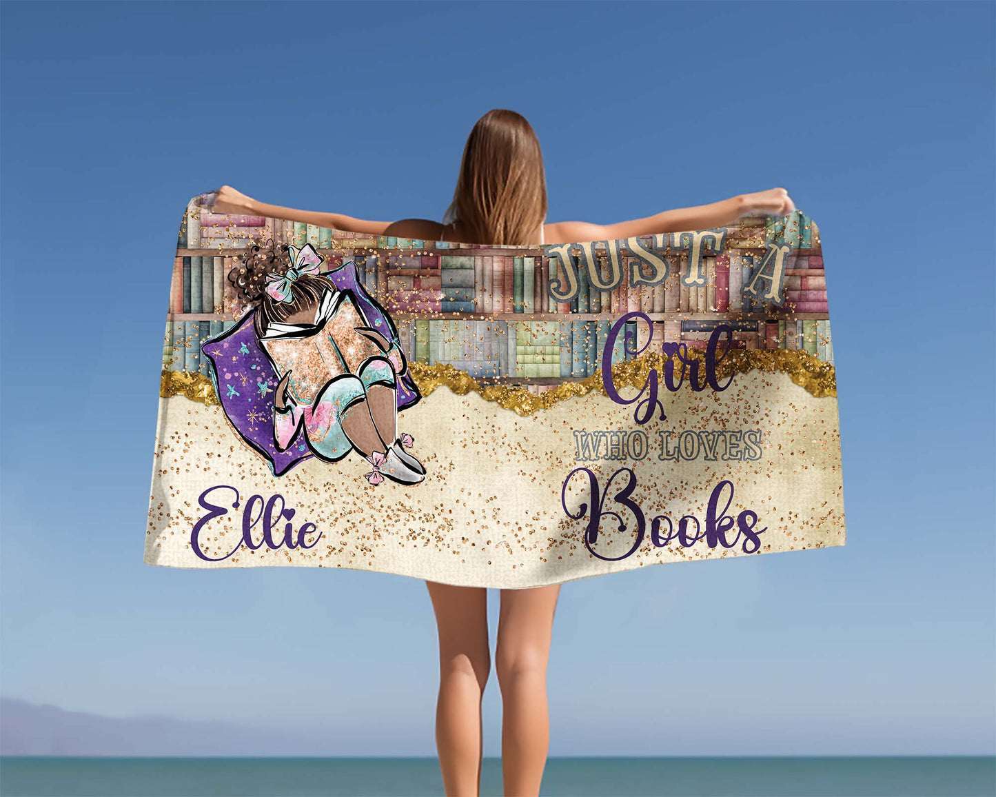 Beach Towel, Just a Girl who Loves Books, Dark Skin, Polycotton Towel