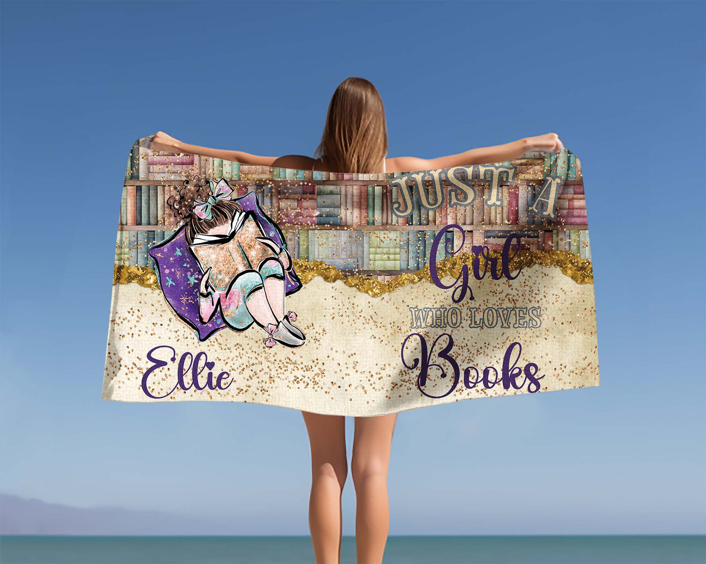 Beach Towel, Just a Girl who Loves Books, Brunette Hair, Polycotton Towel