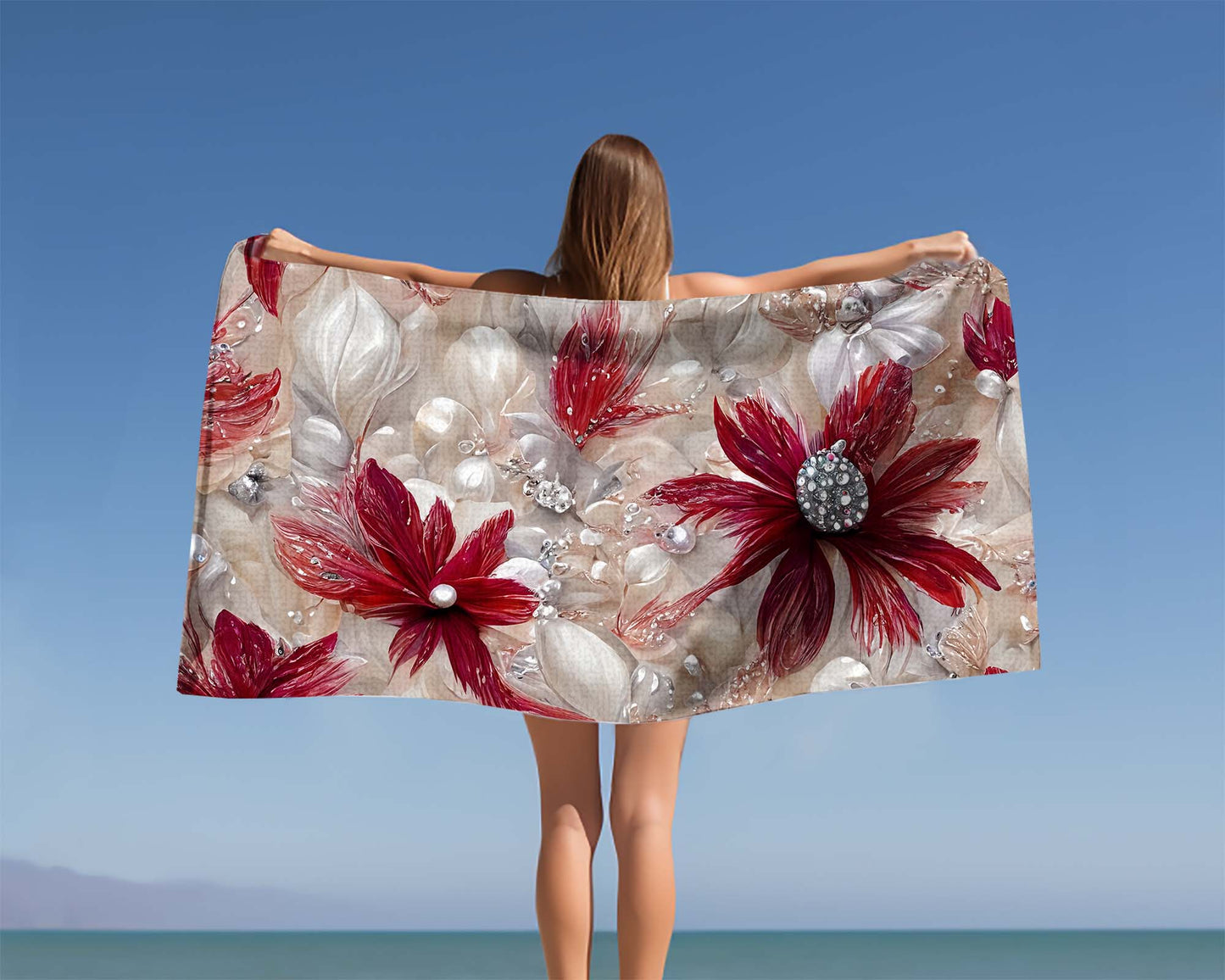 Beach Towel,  Red Floral, Polycotton Towel