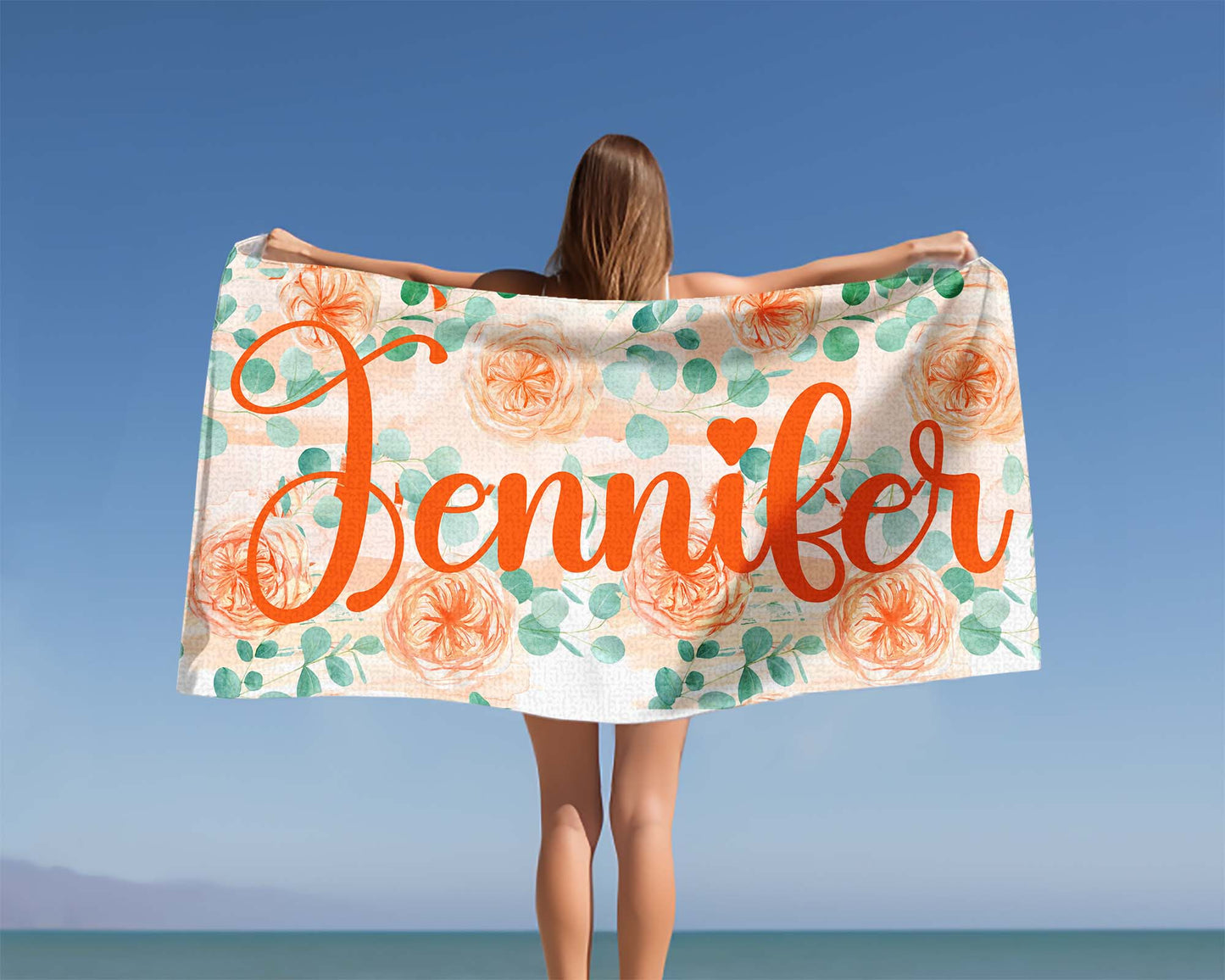 Personalised Beach Towel, Rose and Eucalyptus, Polycotton Towel