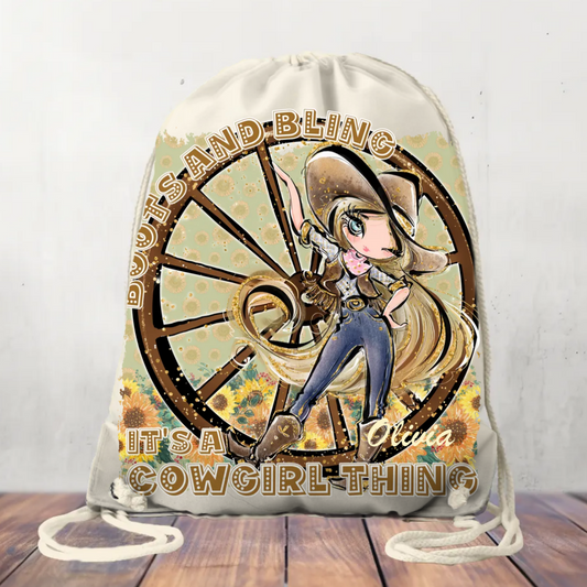Canvas Drawstring Bag Personalised Boots and Bling It's a Cowgirl Thing