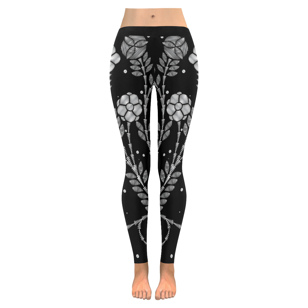 Black and white flower Women's Low Rise Leggings (Invisible Stitch)