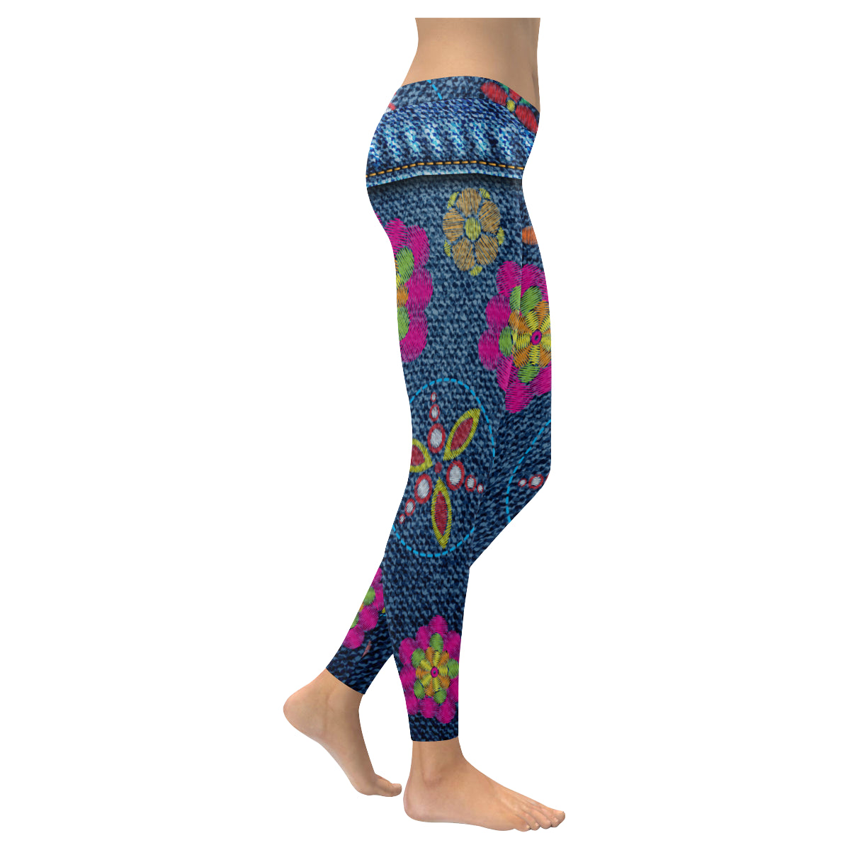 print flower jeans Women's Low Rise Leggings (Invisible Stitch)