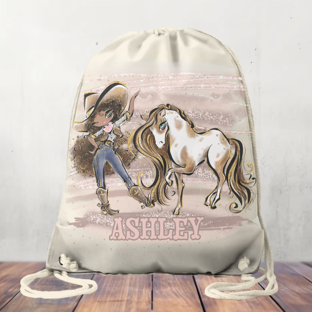 Canvas Drawstring Backpack Bag, Cowgirl and Horse, 31x40cm