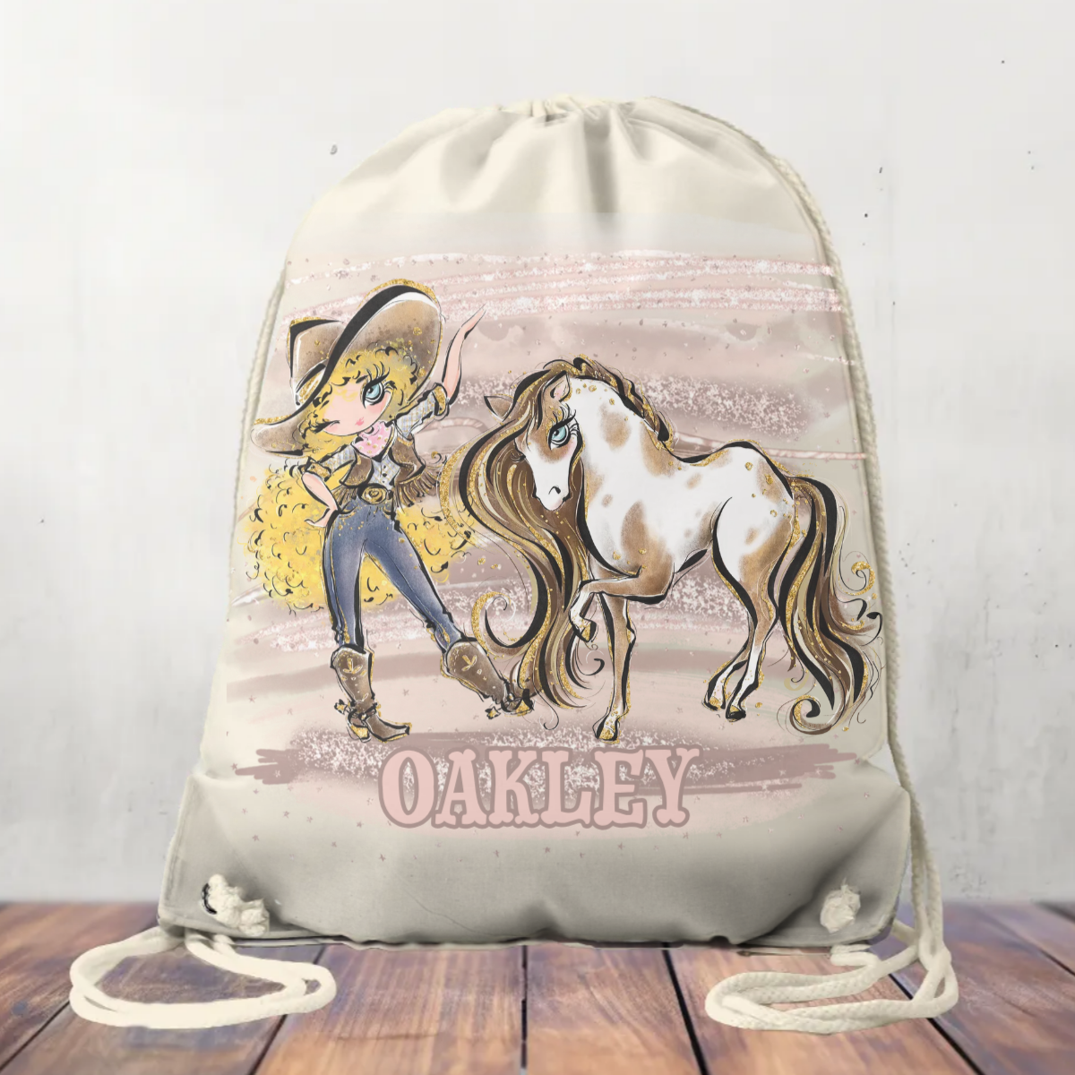 Canvas Drawstring Backpack Bag, Cowgirl and Horse, 31x40cm