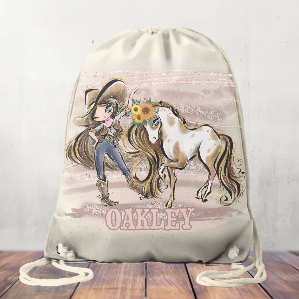 Canvas Drawstring Backpack Bag, Cowgirl and Horse, 31x40cm