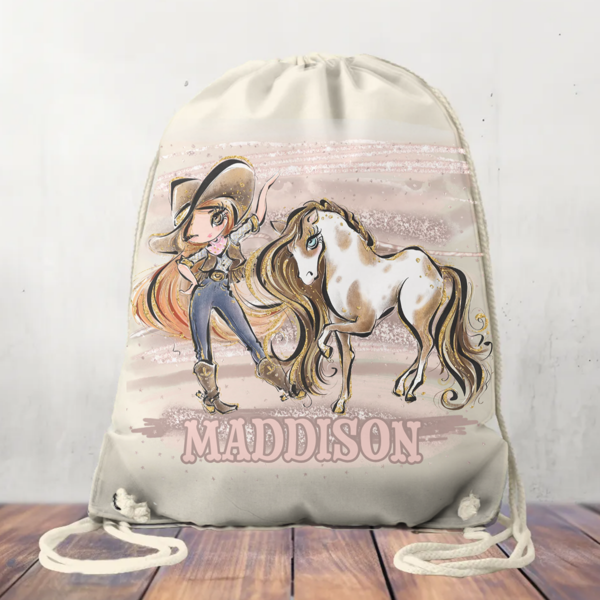 Canvas Drawstring Backpack Bag, Cowgirl and Horse, 31x40cm