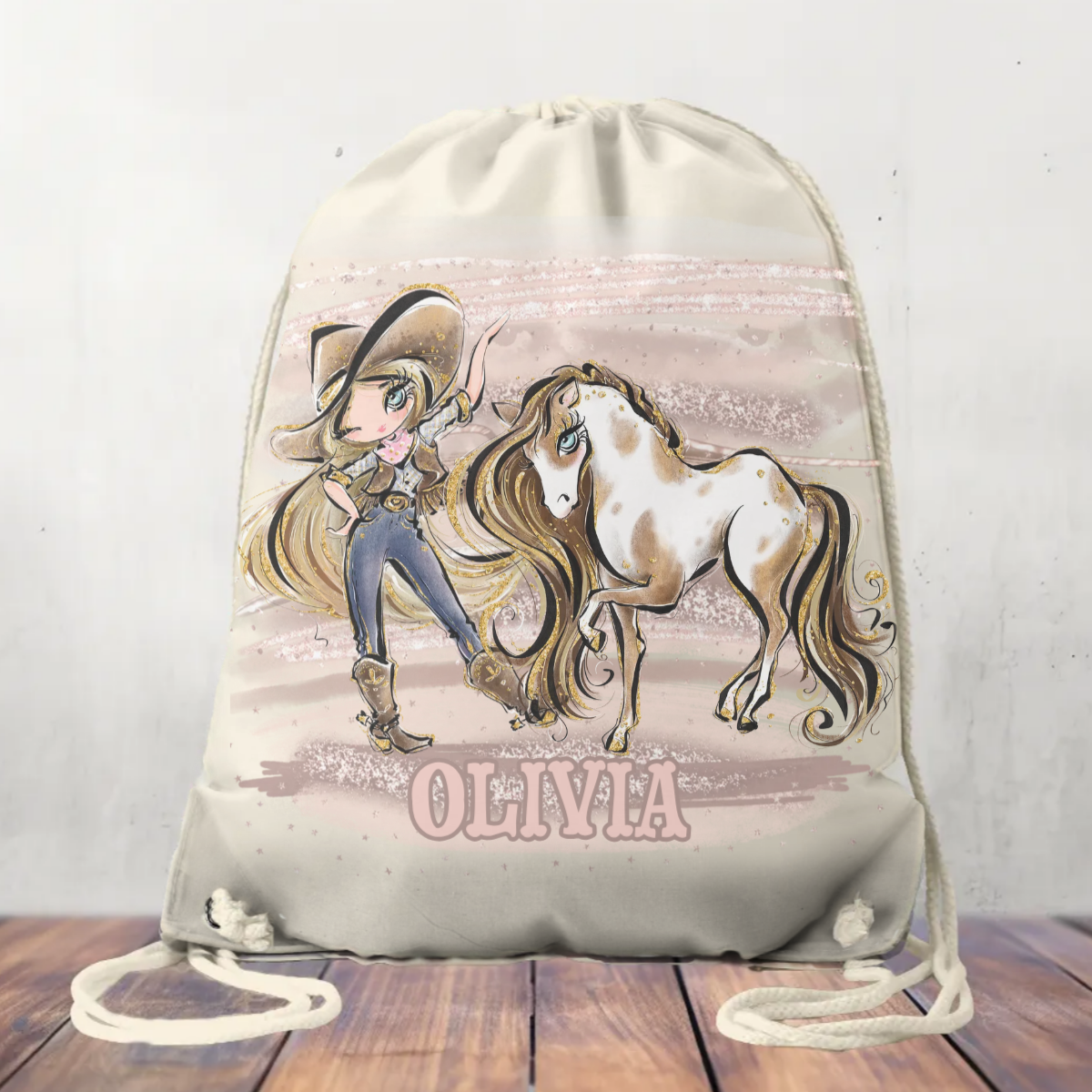 Canvas Drawstring Backpack Bag, Cowgirl and Horse, 31x40cm