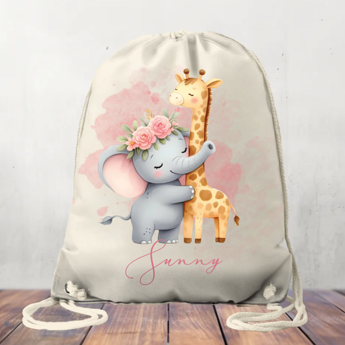 Canvas Drawstring Bag, Personalised Elephant and Giraffe