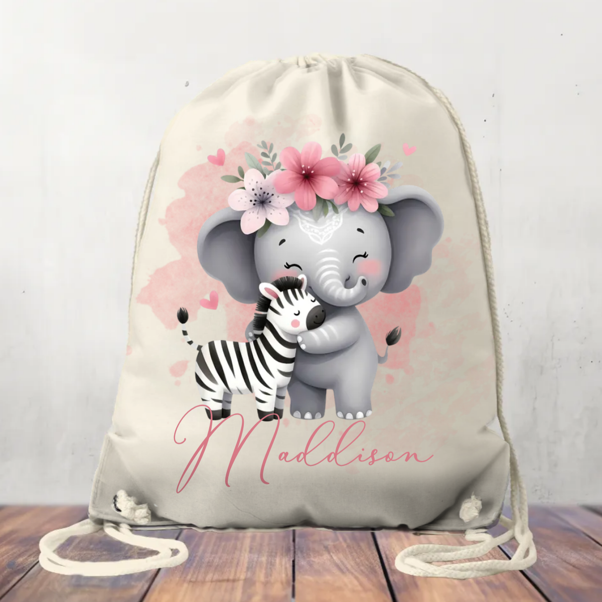 Canvas Drawstring Bag, Personalised Elephant and Zebra