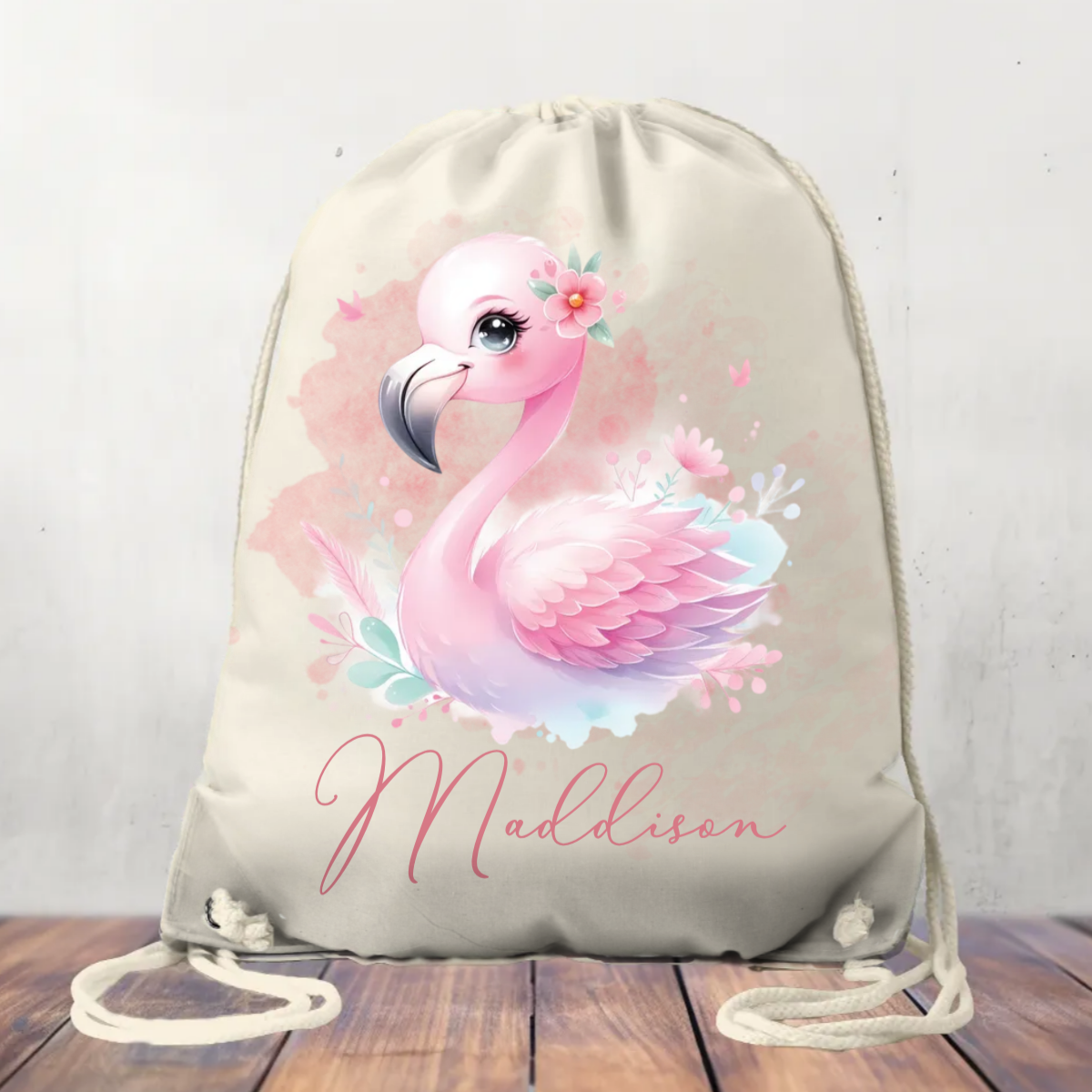 Canvas Drawstring Bag, Personalised Flamingo