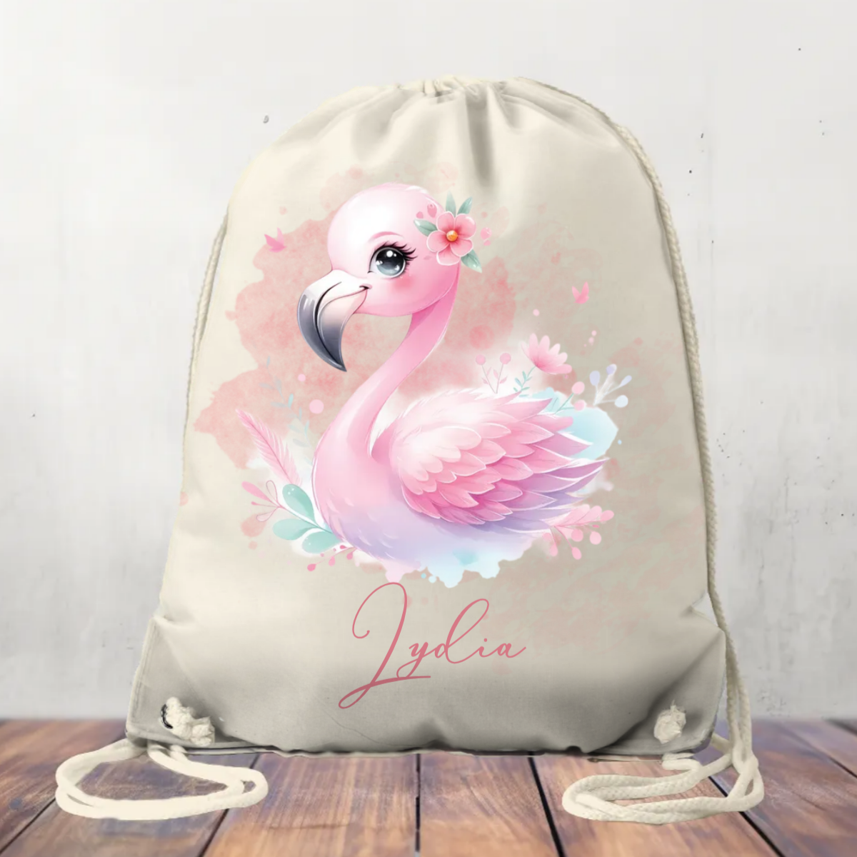 Canvas Drawstring Bag, Personalised Flamingo