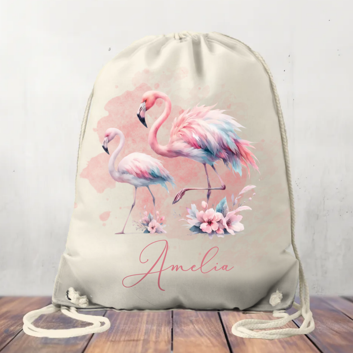 Canvas Drawstring Bag, Personalised Flamingoes