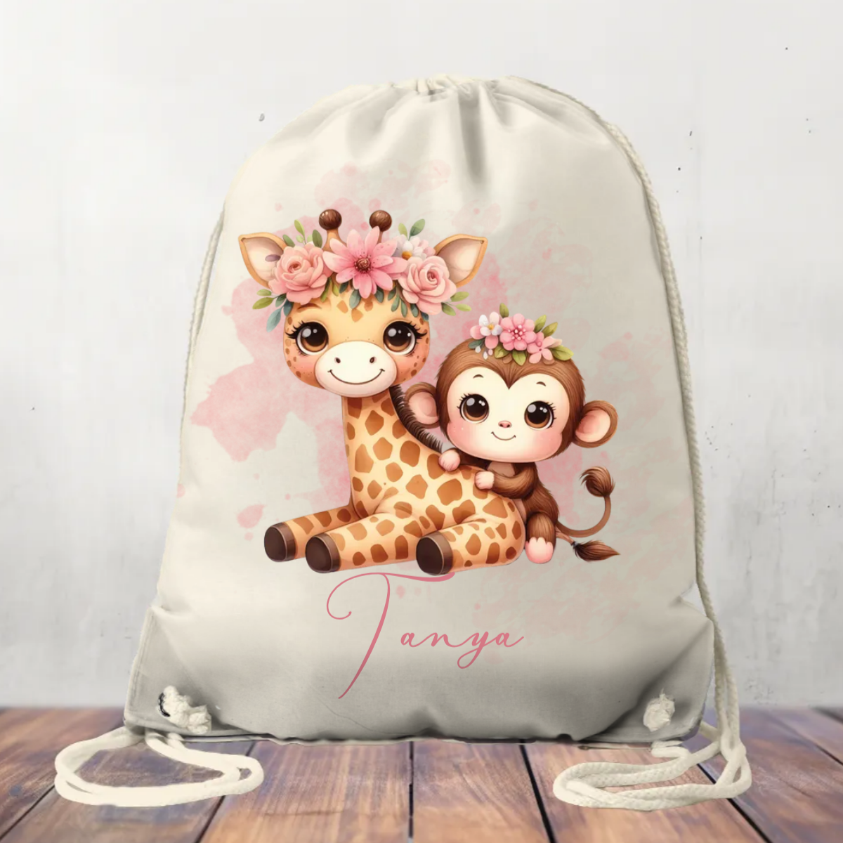 Canvas Drawstring Bag, Personalised Giraffe and Monkey