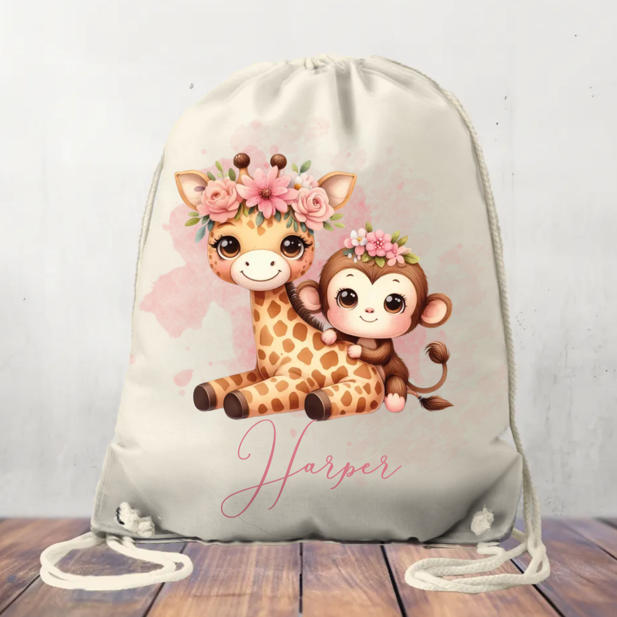 Canvas Drawstring Bag, Personalised Giraffe and Monkey