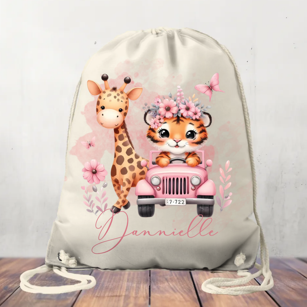 Canvas Drawstring Bag, Personalised Giraffe and Tiger