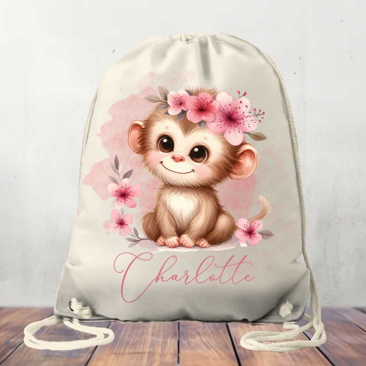 Canvas Drawstring Bag, Personalised Monkey