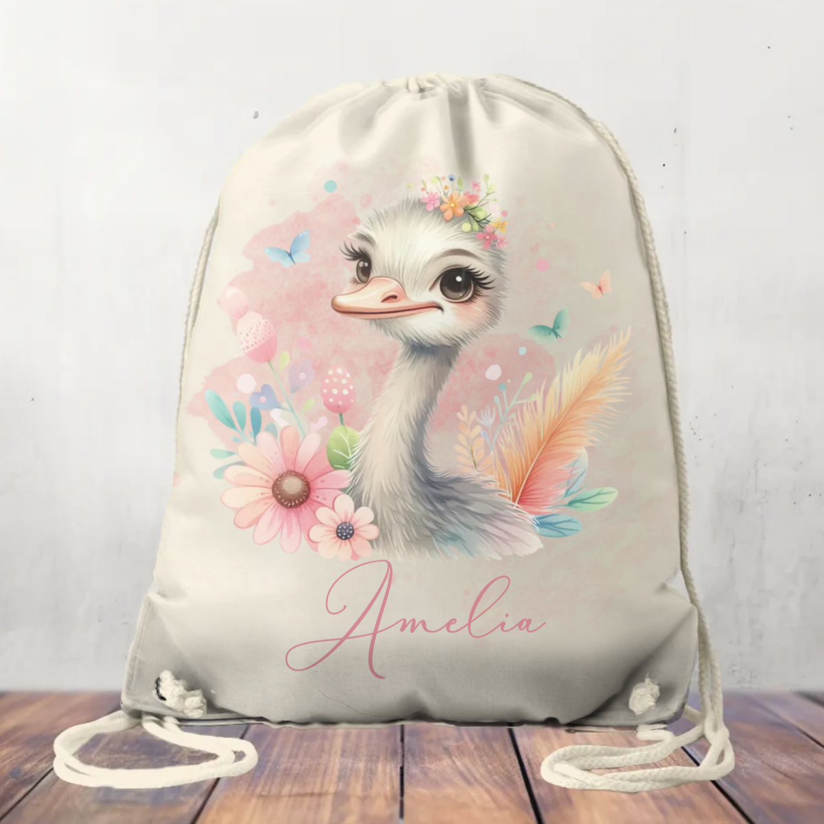 Canvas Drawstring Bag, Personalised Ostrich