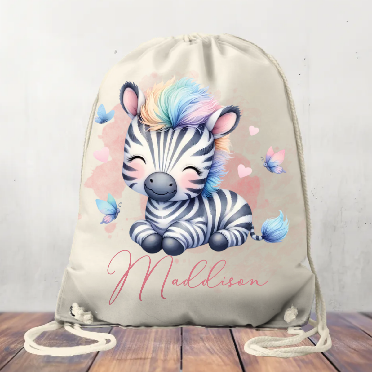 Canvas Drawstring Bag, Personalised Zebra