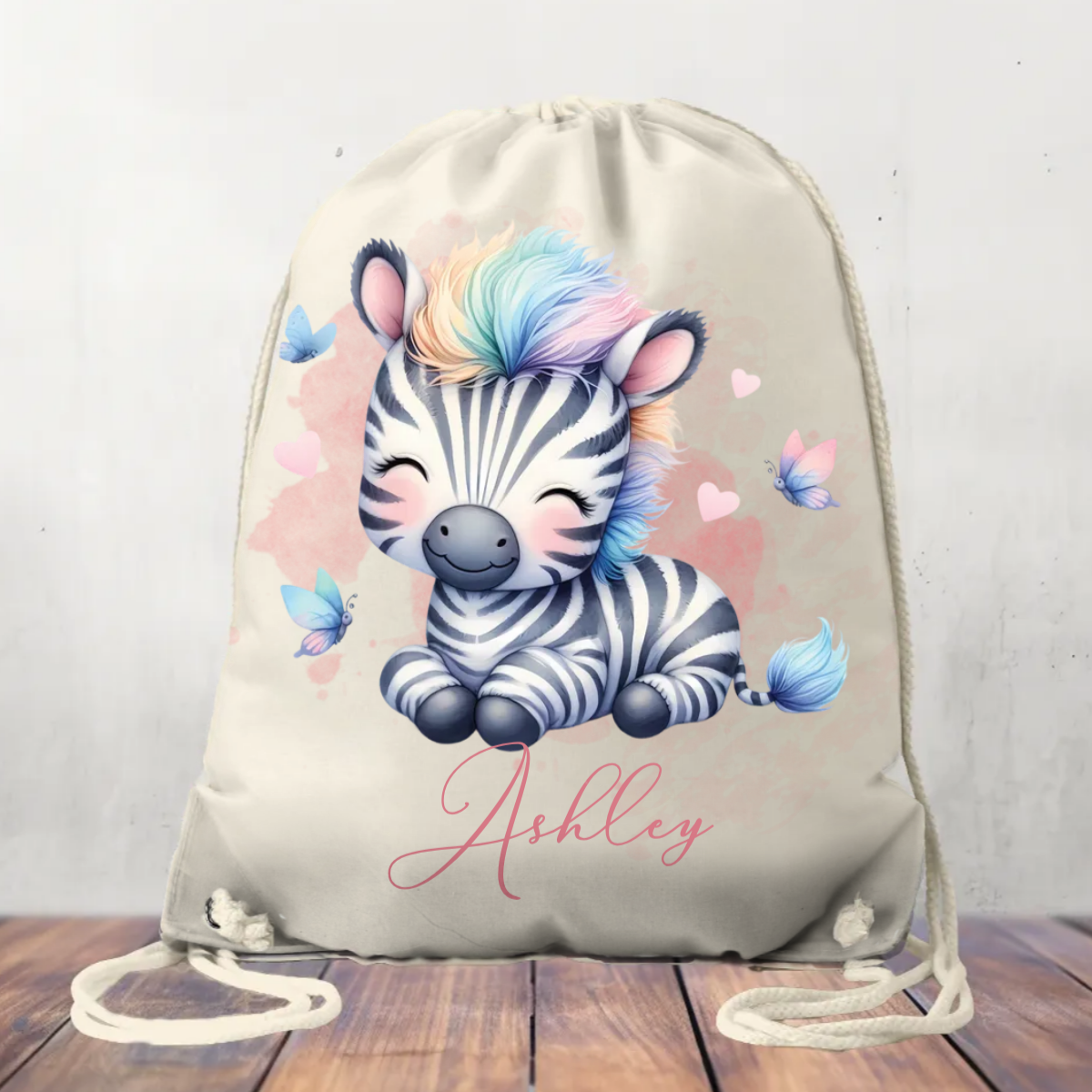 Canvas Drawstring Bag, Personalised Zebra