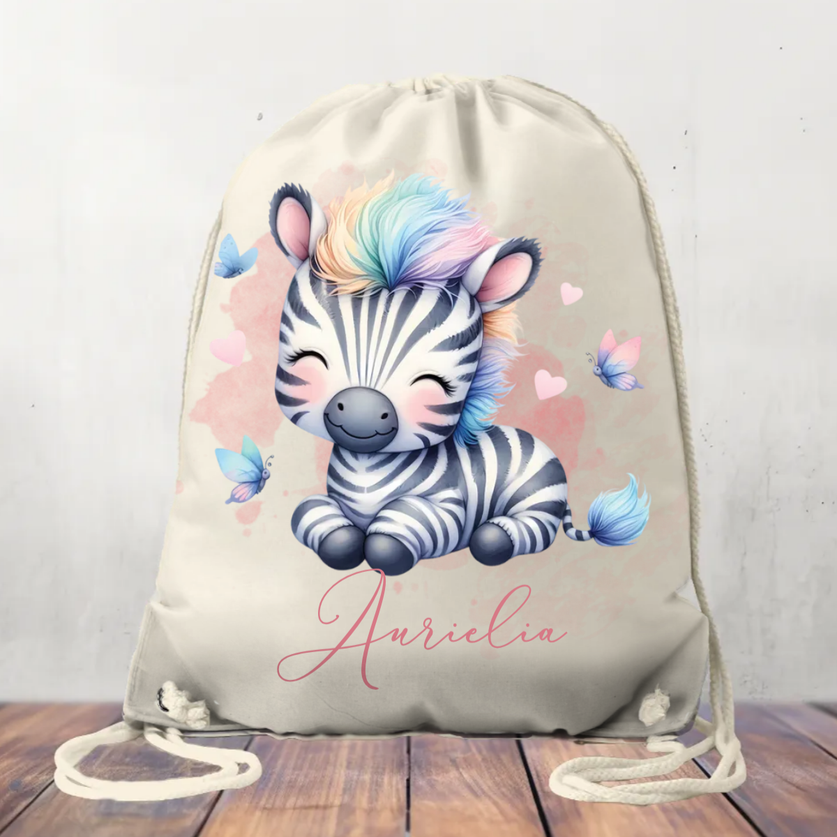 Canvas Drawstring Bag, Personalised Zebra