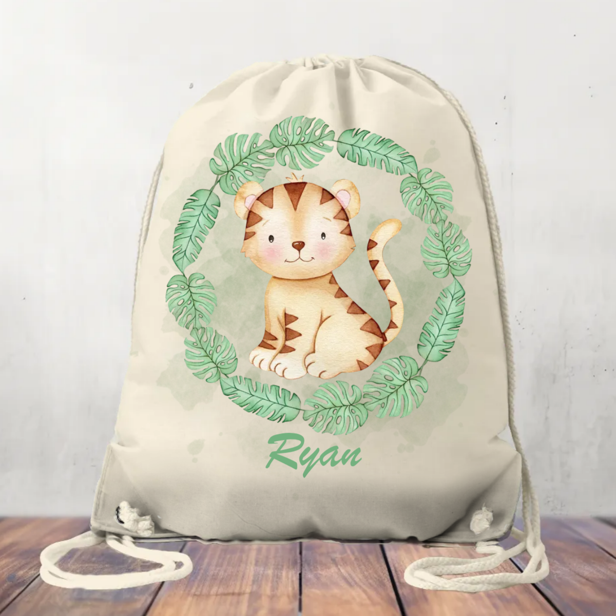 Personalised Canvas Drawstring Bag, Safari Wreath