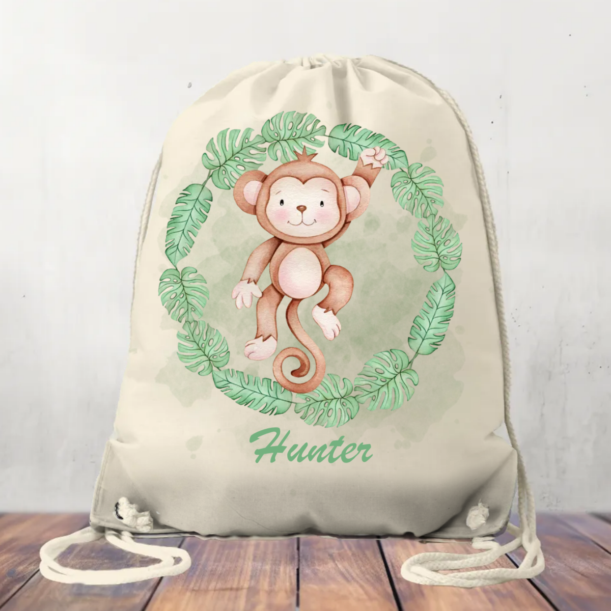 Personalised Canvas Drawstring Bag, Safari Wreath