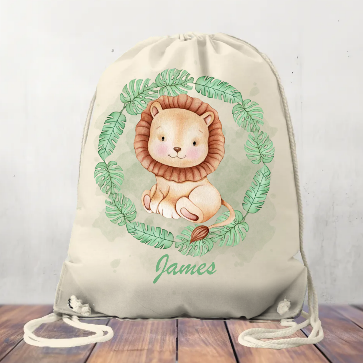 Personalised Canvas Drawstring Bag, Safari Wreath