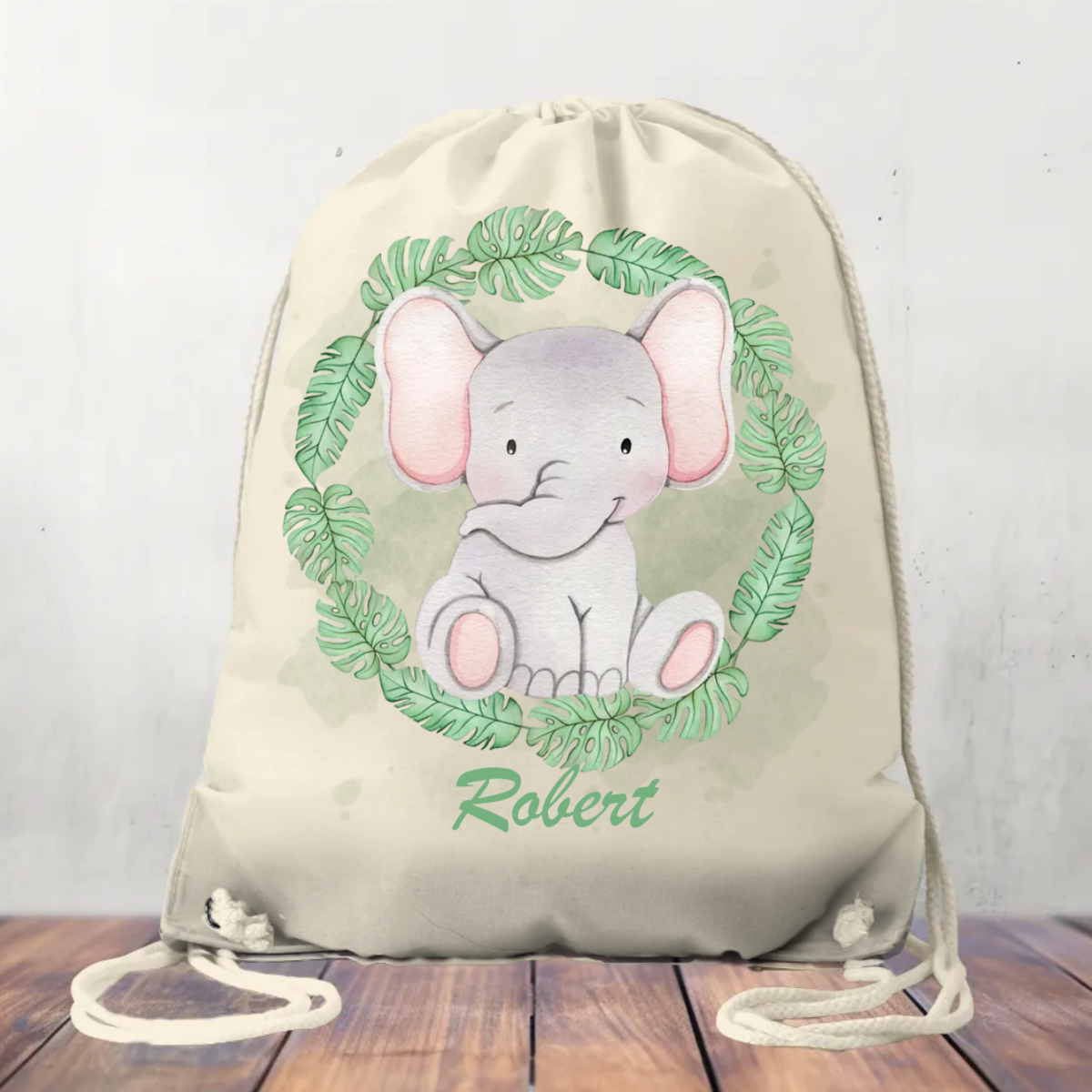 Personalised Canvas Drawstring Bag, Safari Wreath