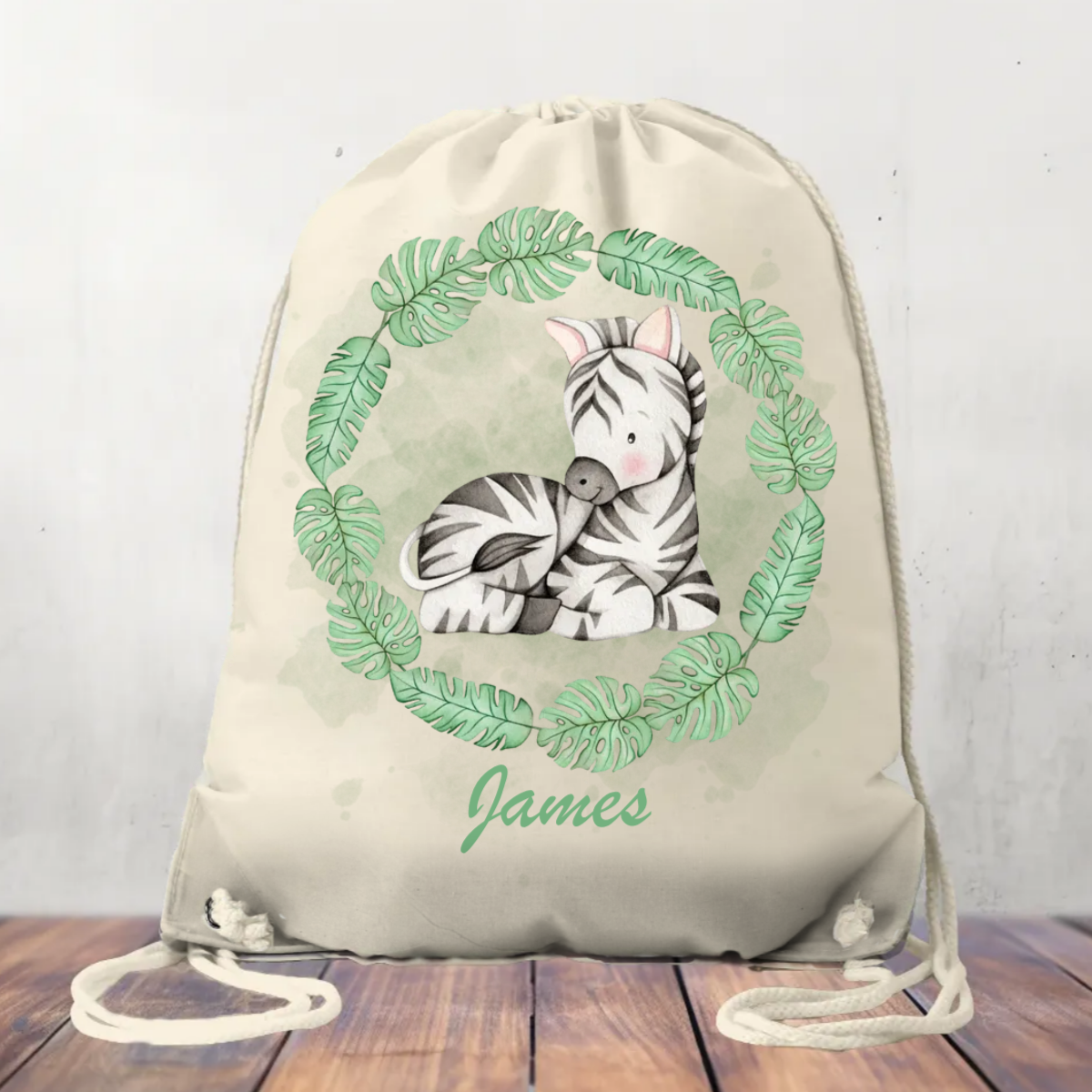 Personalised Canvas Drawstring Bag, Safari Wreath