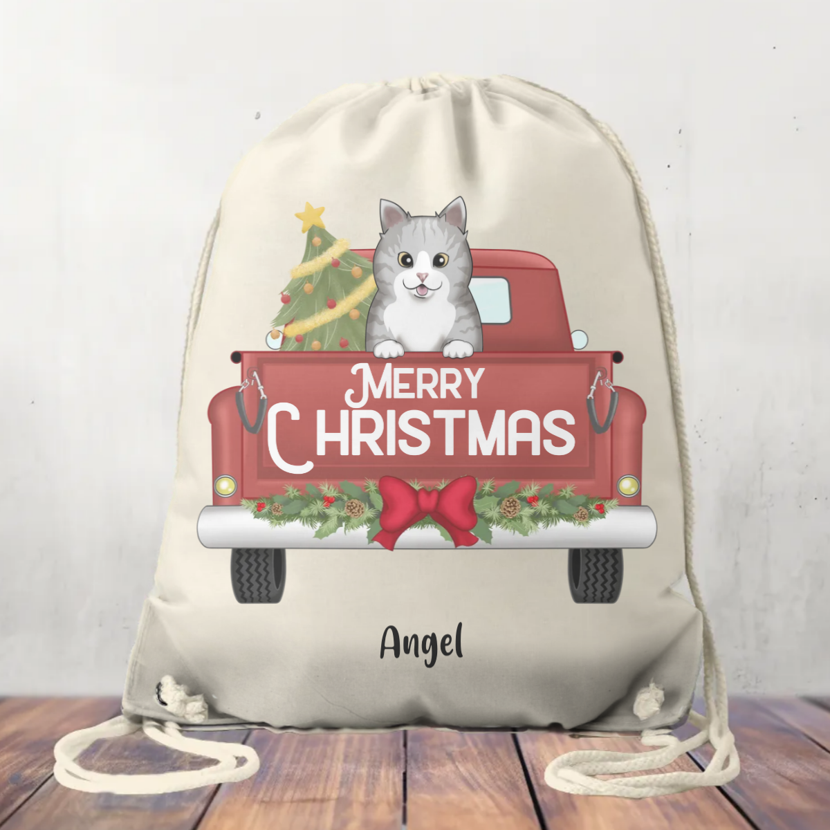 Canvas Drawstring Bag Christmas Truck