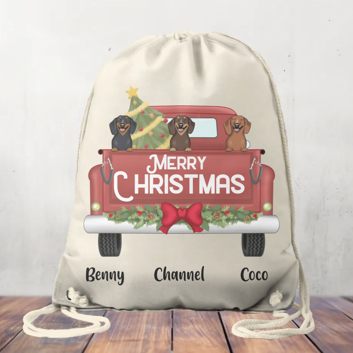 Canvas Drawstring Bag Christmas Truck