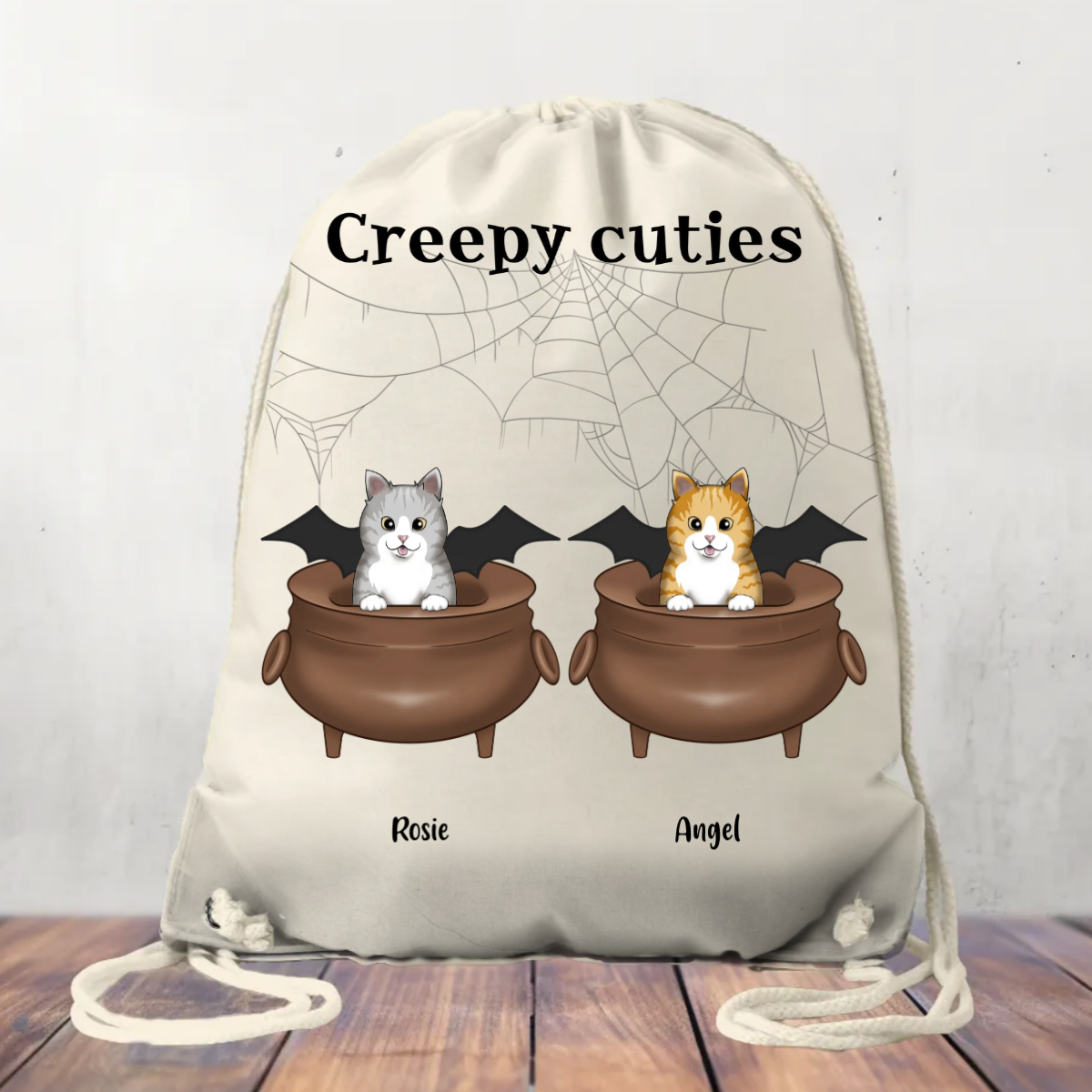 Canvas Drawstring Bag Creepy Cats Halloween