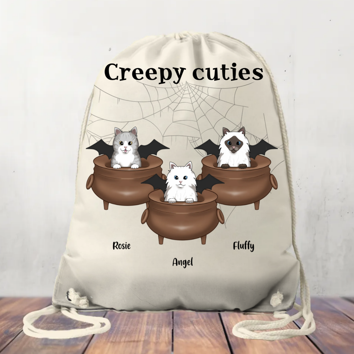 Canvas Drawstring Bag Creepy Cats Halloween