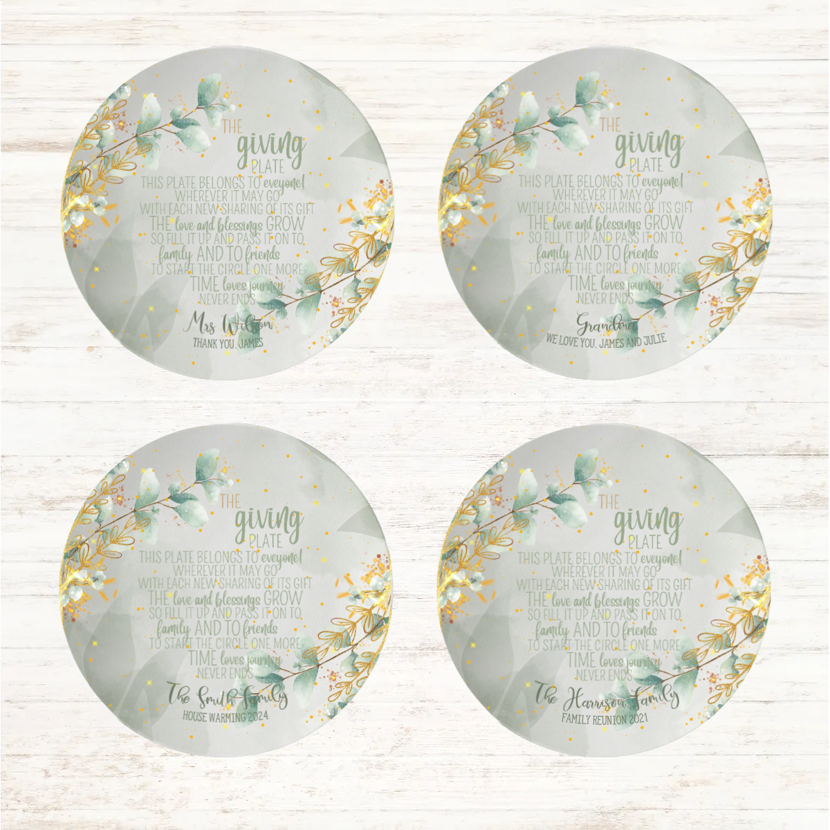 Eucalyptus The Giving Plate Set of 4 Personalised Dinner Plates