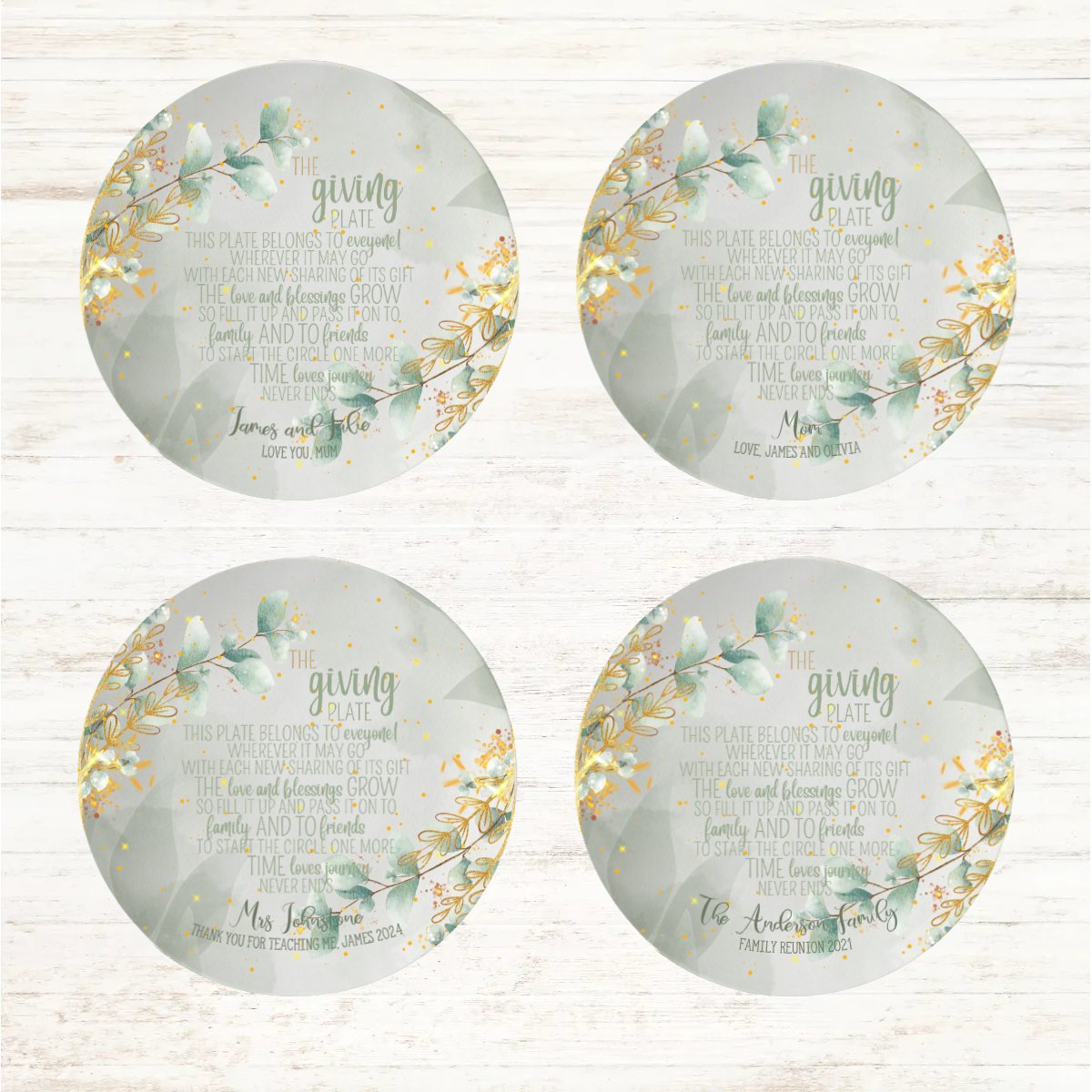 Eucalyptus The Giving Plate Set of 4 Personalised Dinner Plates